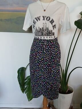 J. Crew Navy Tulip Midi Skirt with Multicolor "Happi Cat" Dot Print